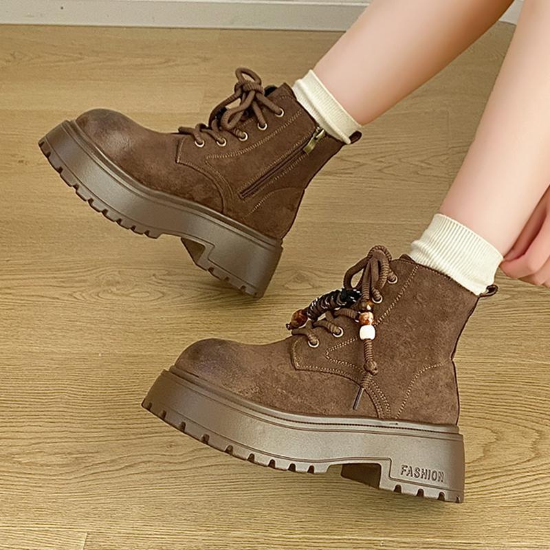 Vintage Chunky Platform Ankle Boots Women Autumn Winter Thick Sole Lace Up Boots Woman Anti Slip Zipper Short Booties Mujer