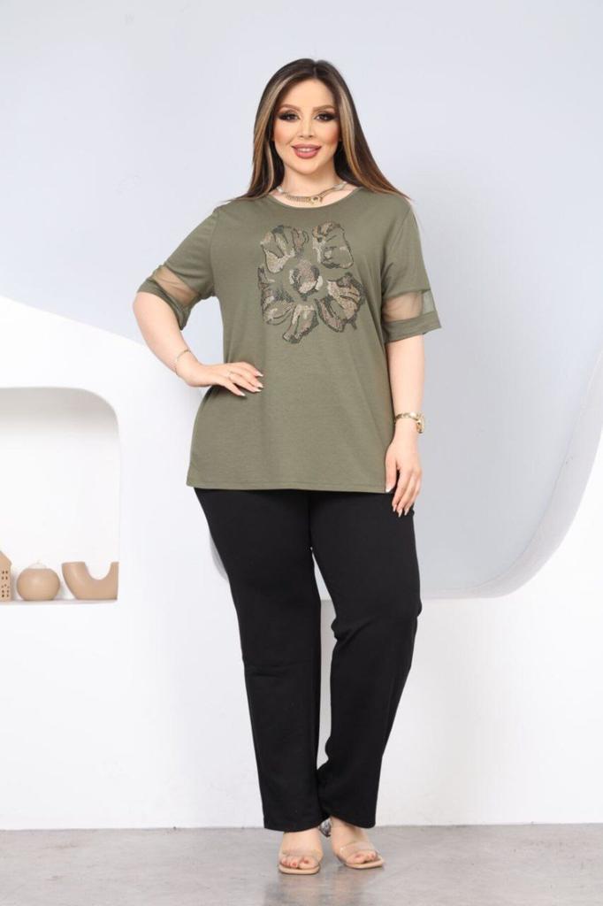 Женская блузка большого размера Блузка большого размера с каменным цветочным узором спереди