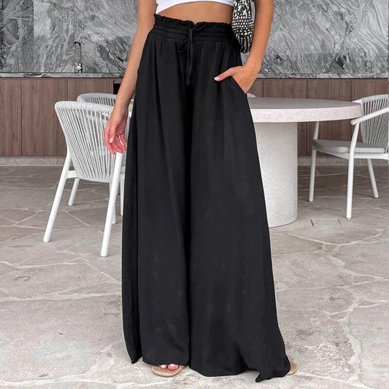 Summer Elastic Waist Edible Tree Fungus Trousers Fashion Loose Pocket Drawstring Pants Casual Solid Green Wide Leg Pants 25550