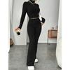 Women's Autumn and Winter Solid Color Knit Set, Long-sleeved High-neck Shirt + Wide-leg High-waisted Pants, Two-piece Set