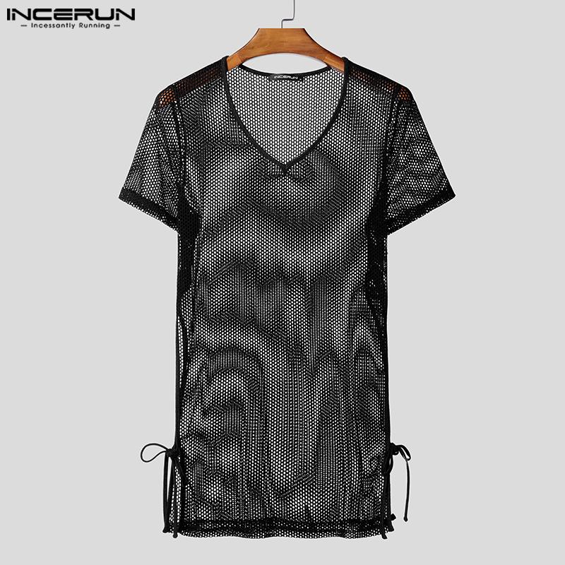 INCERUN Summer Men Short Sleeve Hollow See Through Long Beach Tank Tops