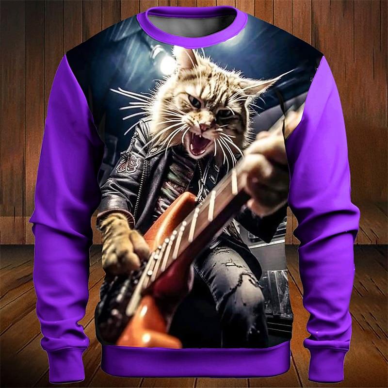 Осенние мужские толстовки Rock Cat 3D Print Long Sleeve T Shirts For Men Round Neck Hoodies Loose Overszied Man Clothing Tops New