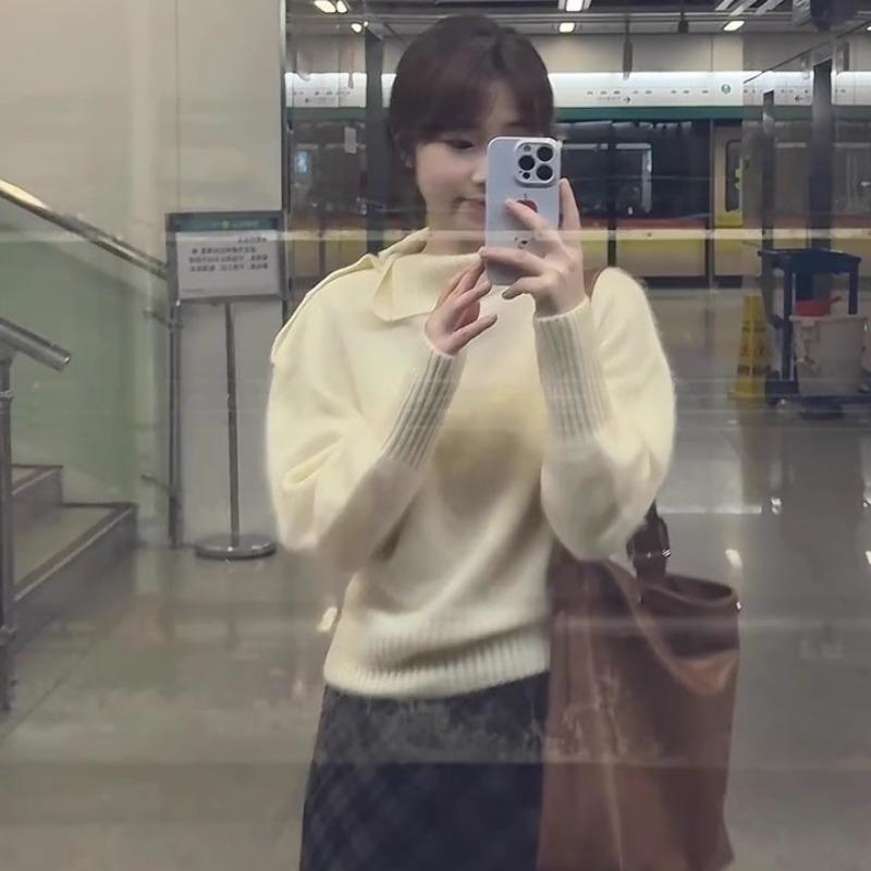 Women S Loose Half Collar Knit Sweater Casual Lazy Style Soft Top