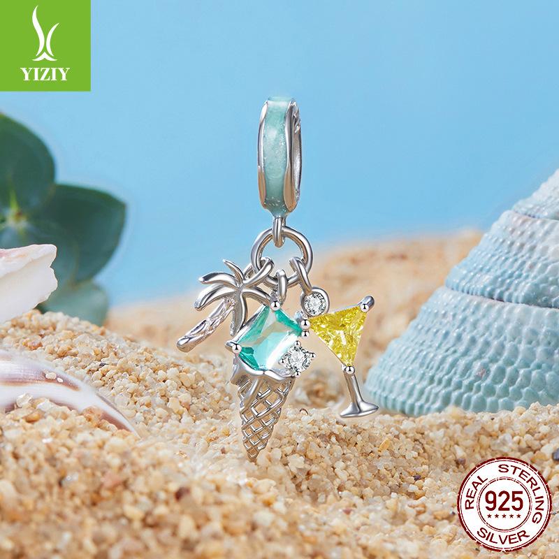S925 Silver Beach Pendant Cocktail Ocean Style Personality Diy Bracelet Beaded Accessories