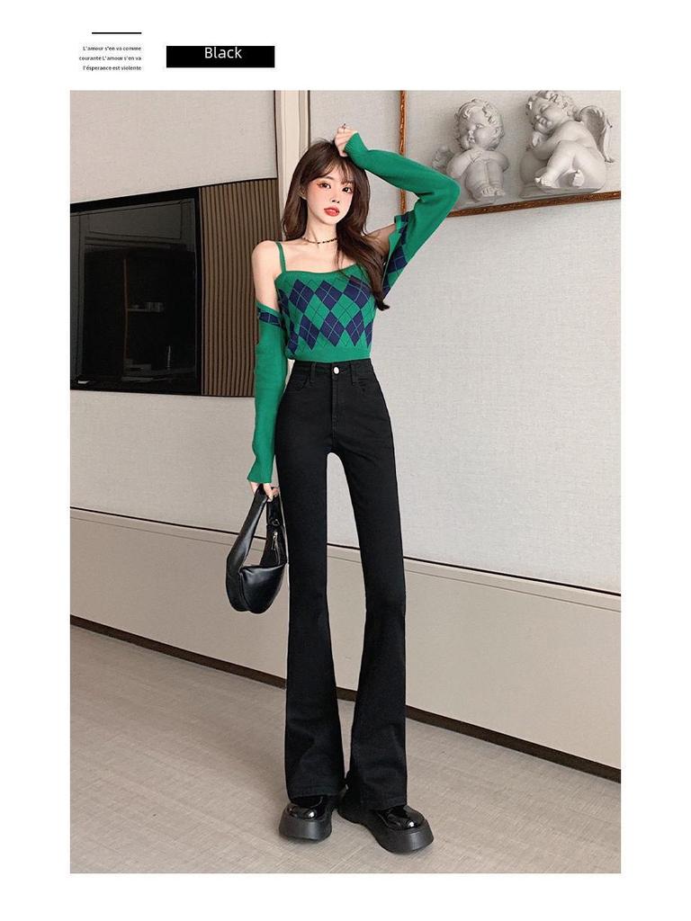 Women's Blue-Gray High Waist Slimming Flared Jeans - Small Size, Elastic Autumn/Winter Pants