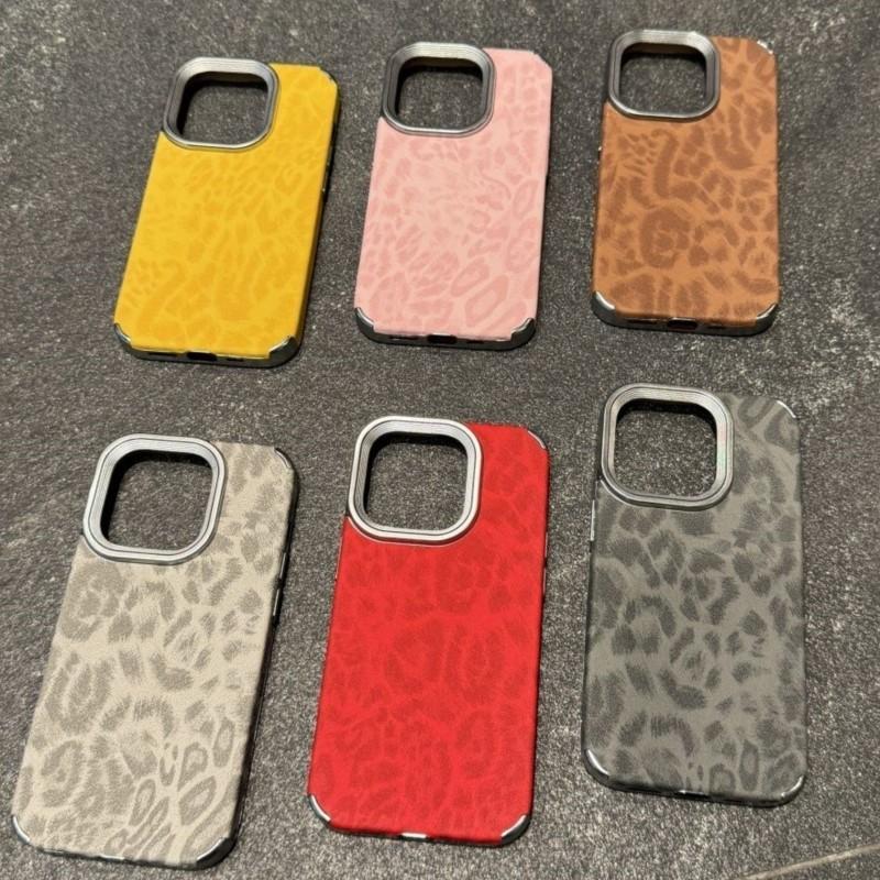 Korean Leopard Print Leather Case for iPhone 16 15 14 13 12 Pro Max 11 Stylish Animal Pattern Soft Shockproof Back Cover Coque