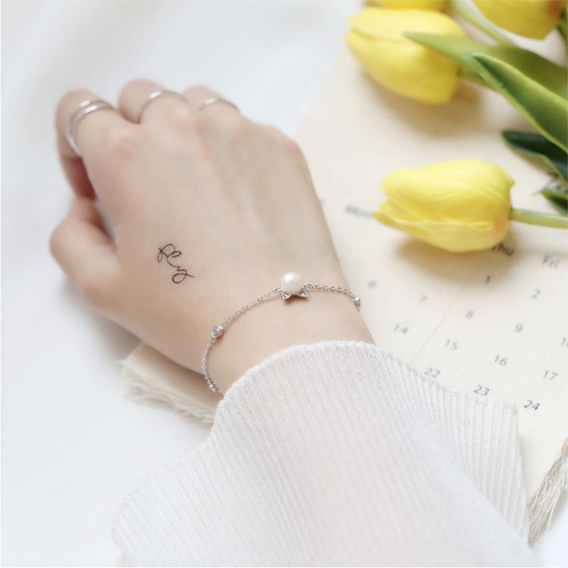 Sterling Silver S925 Silver Bracelet Korean Style Pearl Cat Ears Sweet and Cute Diamond Kitten Bracelet for Women Gift