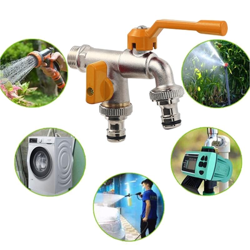 Garden Double Outlet Tap 1/2inch & 3/4inch Valves Double Water Tap Hose Connection Roller Sealing Tape Double Connection