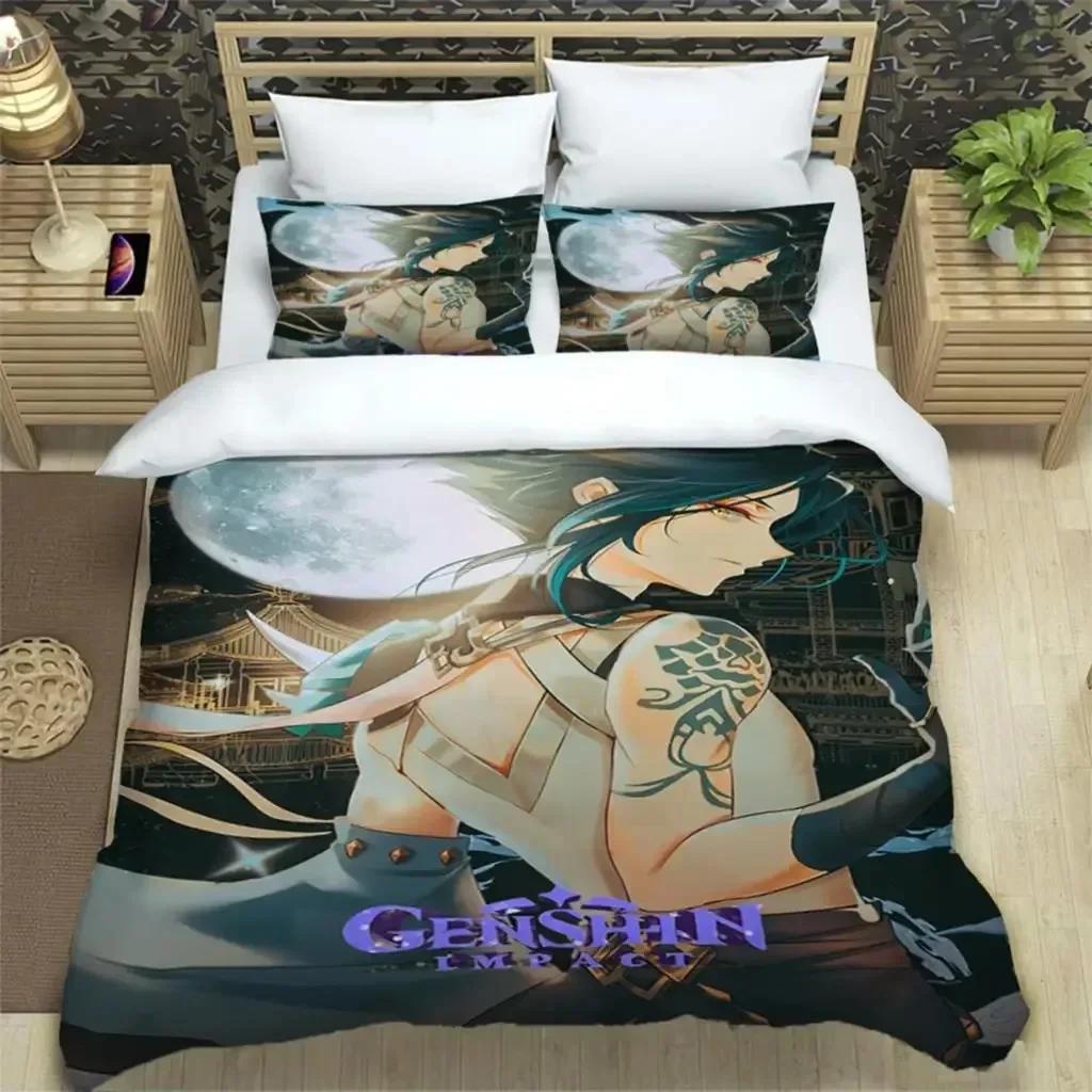 Комплект постельного белья Genshin Impact Print из трех предметов Модные изделия для мальчиков или взрослых для кроватей Пододеяльники Наволочки Комплект постельного белья