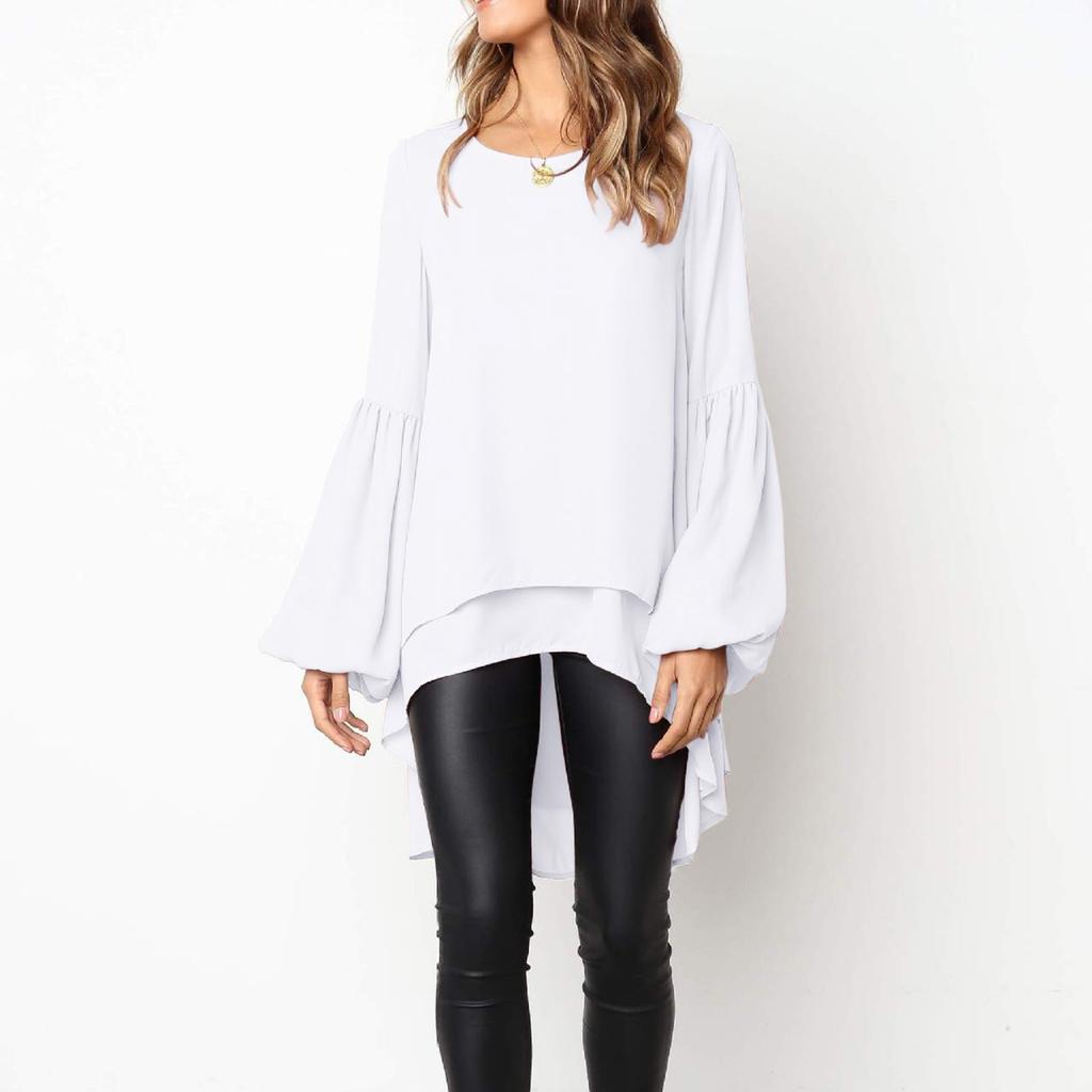 Women's Casual Round Neck Long Sleeve High Hem Irregular Double LayerTop Shirt