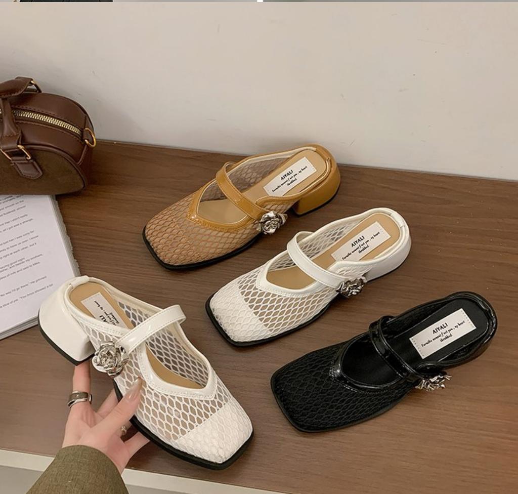 2025 Summer Breathable Mesh Hollow Mules Slippers Women Square Head Mary Jane Shoes Women Chunky Heels Square Head Half Slippers