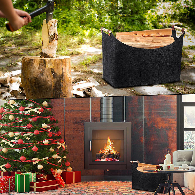 Felt Basket Firewood Box with Wooden Handles Foldable Firewood Basket Storage Basket for Firewood Wood Newspapers Clothes