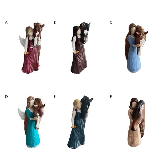 Girl Holding Horse Resin Statue Angle Pony Figurine Sculpture Home Office Living Room Desktop Decoration Ornament