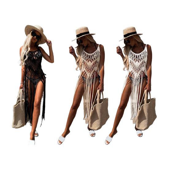Пляжное платье в стиле бохо для женщин, ажурный подол с бахромой, сексуальное прикрывающее платье, летние купальные костюмы, халат, вязаный крючком, кисточка, слинг, пляжная одежда