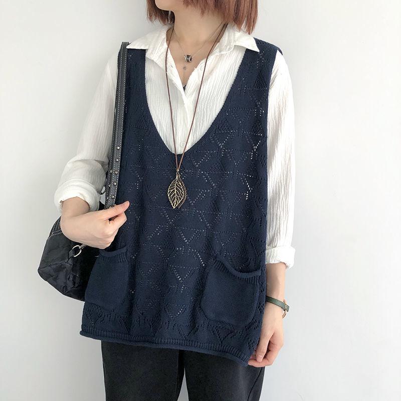 Вязаный жилет женский V-образный вырез ажурный тонкий свитер однотонный повседневный вязаный пуловер без рукавов топ с большим карманом свободный повседневный осенний
