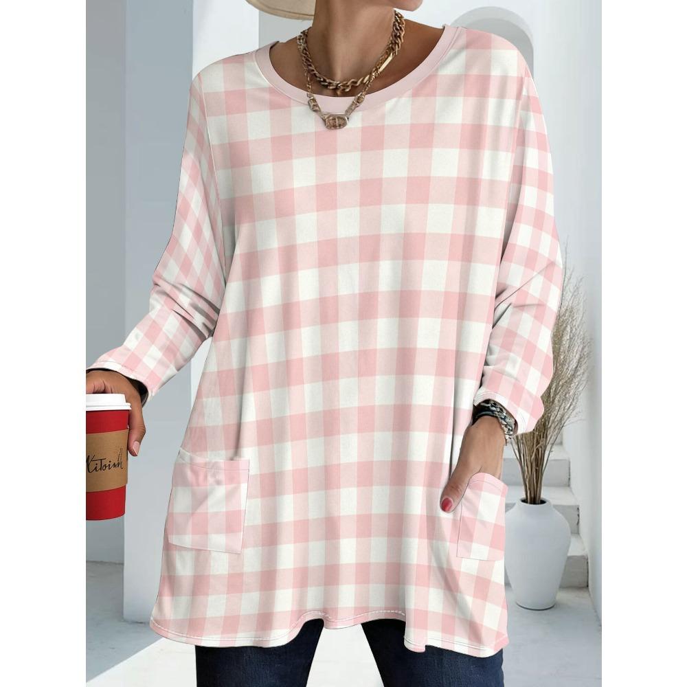 Women's Plus Size Pink Plaid Long Sleeve Loose Top with Pocket, Women's Versatile Casual T-Shirt