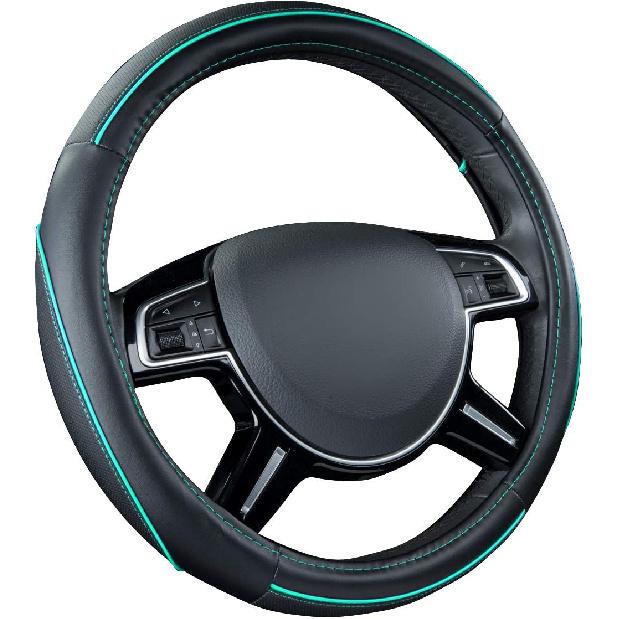 Car Pass Colour Piping Leather Universal Fit Steering Wheel Cover,Perfectly Fit For 14.5-15 Inches For Various Vehicles SUVs,Vans,Sedans,Cars (Black