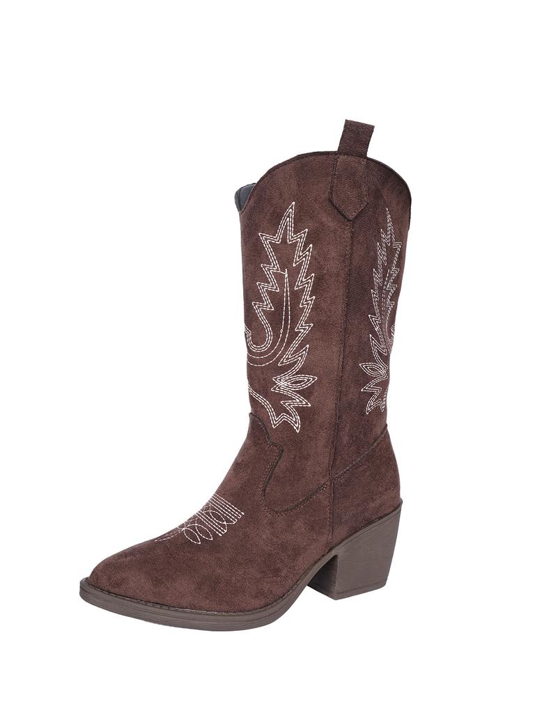 Прямая поставка ковбойских сапог с V-образным вырезом, женские сапоги на среднем каблуке с острым носком, рыцарские сапоги большого размера, кожаные сапоги