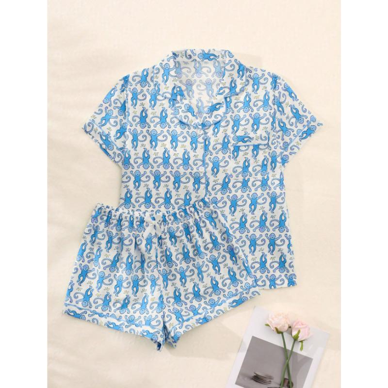 Summer Women Short Sleeve Top and Shorts 2 Piece Set Pajamas Female Fashion Sleepwear Cartoon Print Cardigan Pyamas Set Homewear