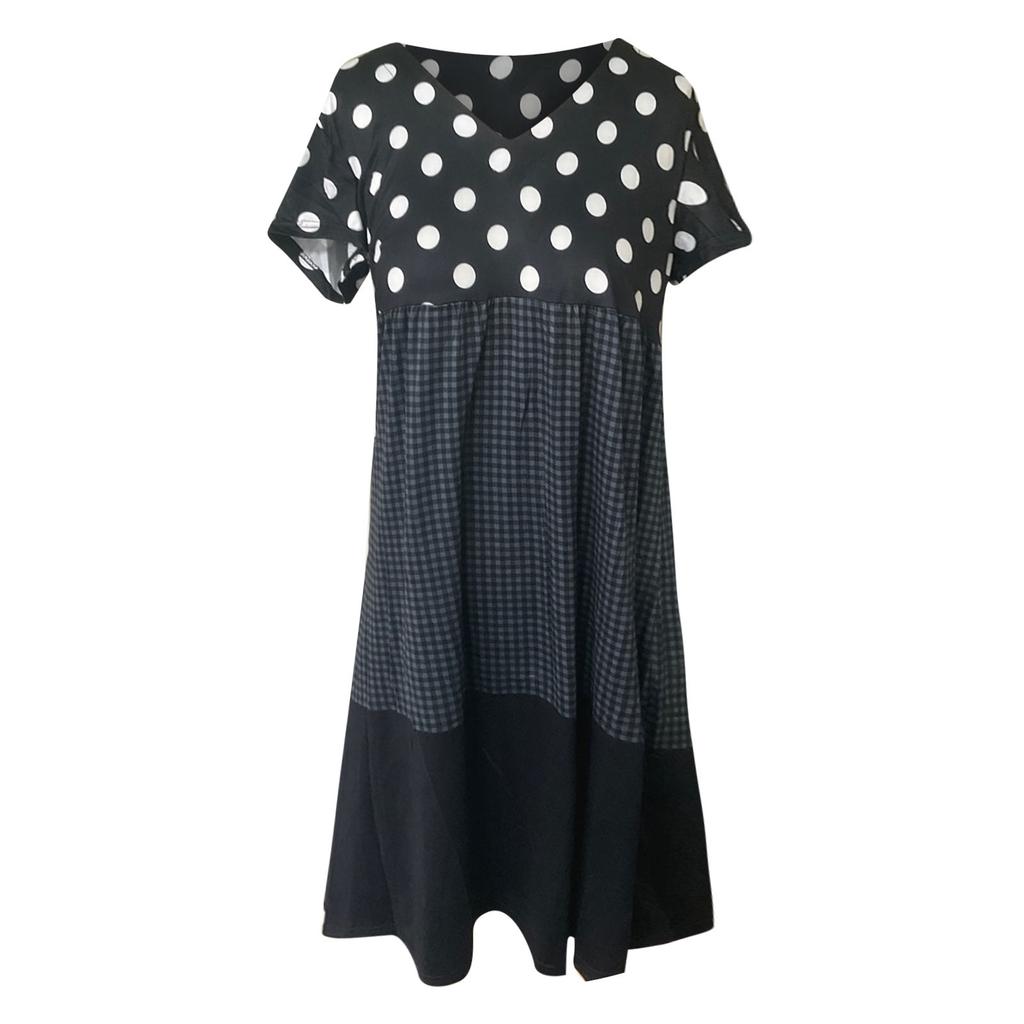 Модное женское свободное клетчатое платье с волнистыми точками в стиле пэчворк с v-образным вырезом и короткими рукавами