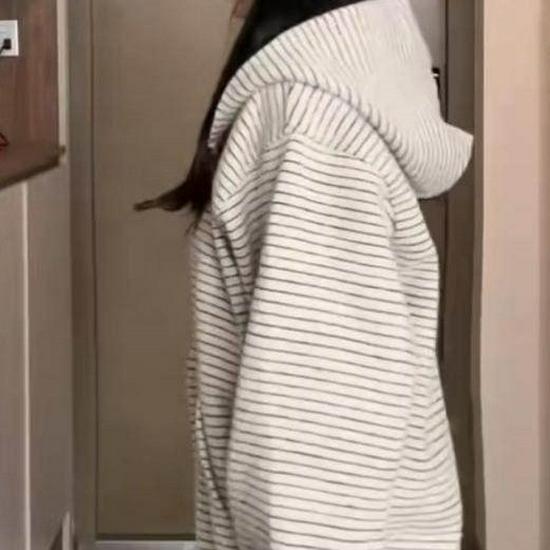 Women's Striped Zipper Hoodie Cardigan - Korean Style, Spring/Autumn 2026