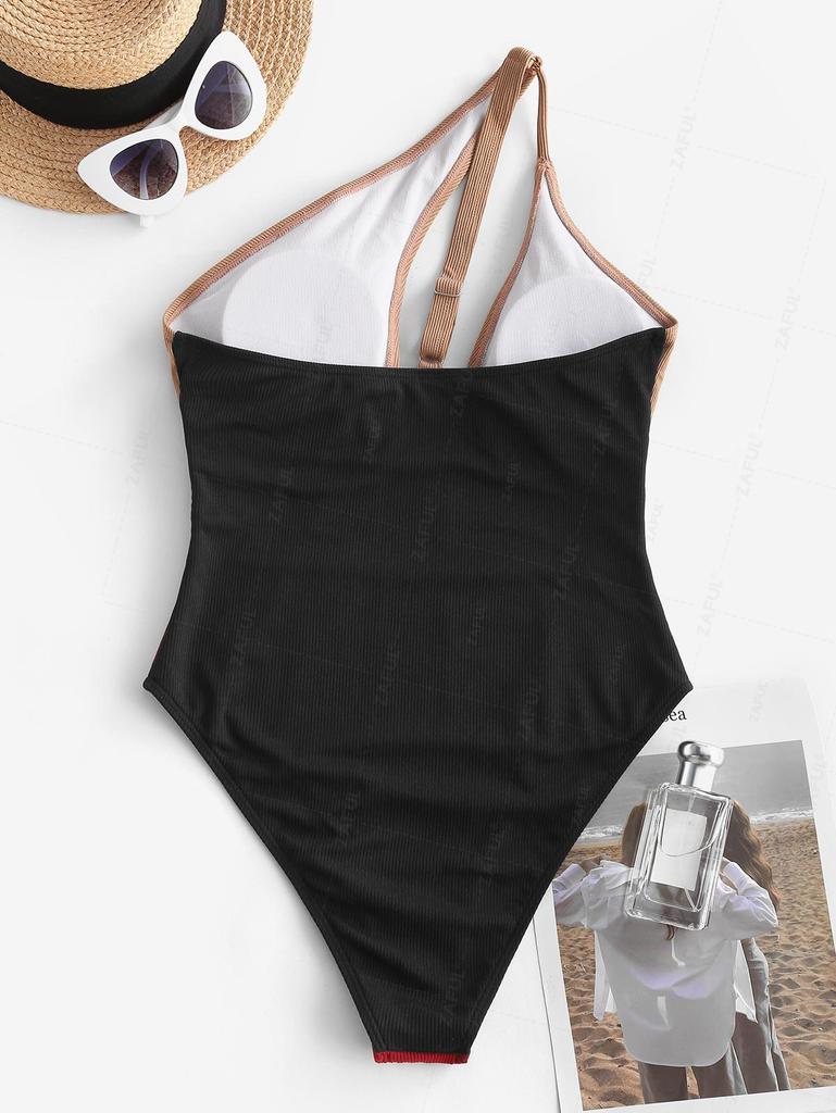 ZAFUL Ribbed Colorblock One Shoulder One-piece Swimsuit