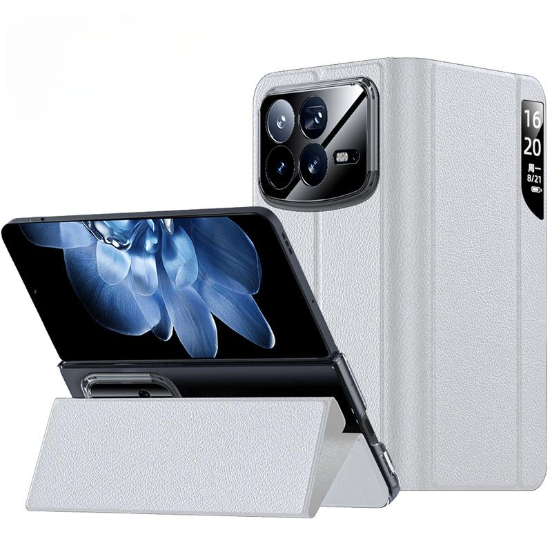 Suitable for Xiaomi Mixfold4 Phone Case, Foldable Screen Smart Window Stand, All-inclusive Anti-drop Business Men's Plain Leather Case