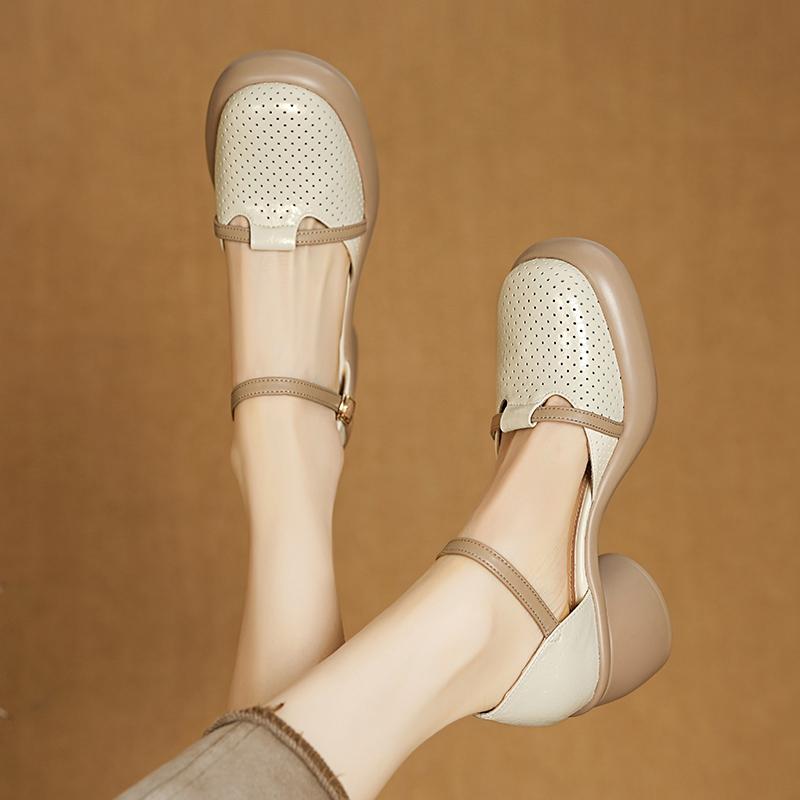 Fashion Women's New Summer Round Toe Genuine Leather Cowhide Thick Sole, Thick Heel, High-heeled Toe, Mueller Sandals, Perforated Shoes