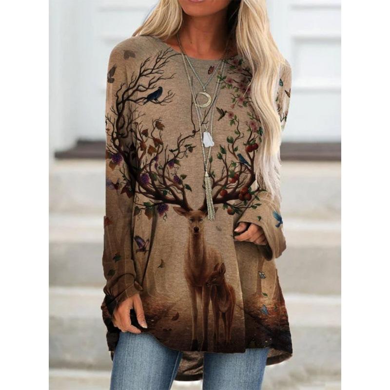 Women'S T-Shirt Street Long-Sleeved Clothing Fashion Top Loose Casual Clothing Autumn And Winter Printed Top Round Neck T-Shirt