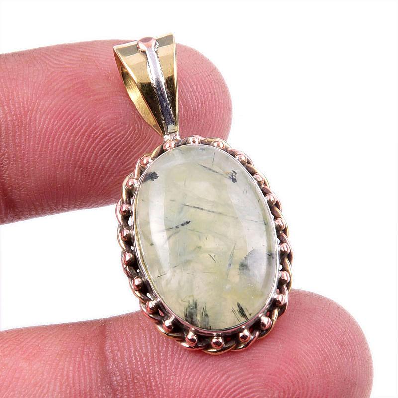 Natural Prehnite Gemstone 925 Solid Sterling Silver Two Tone Pendant 1.5" D2t72
