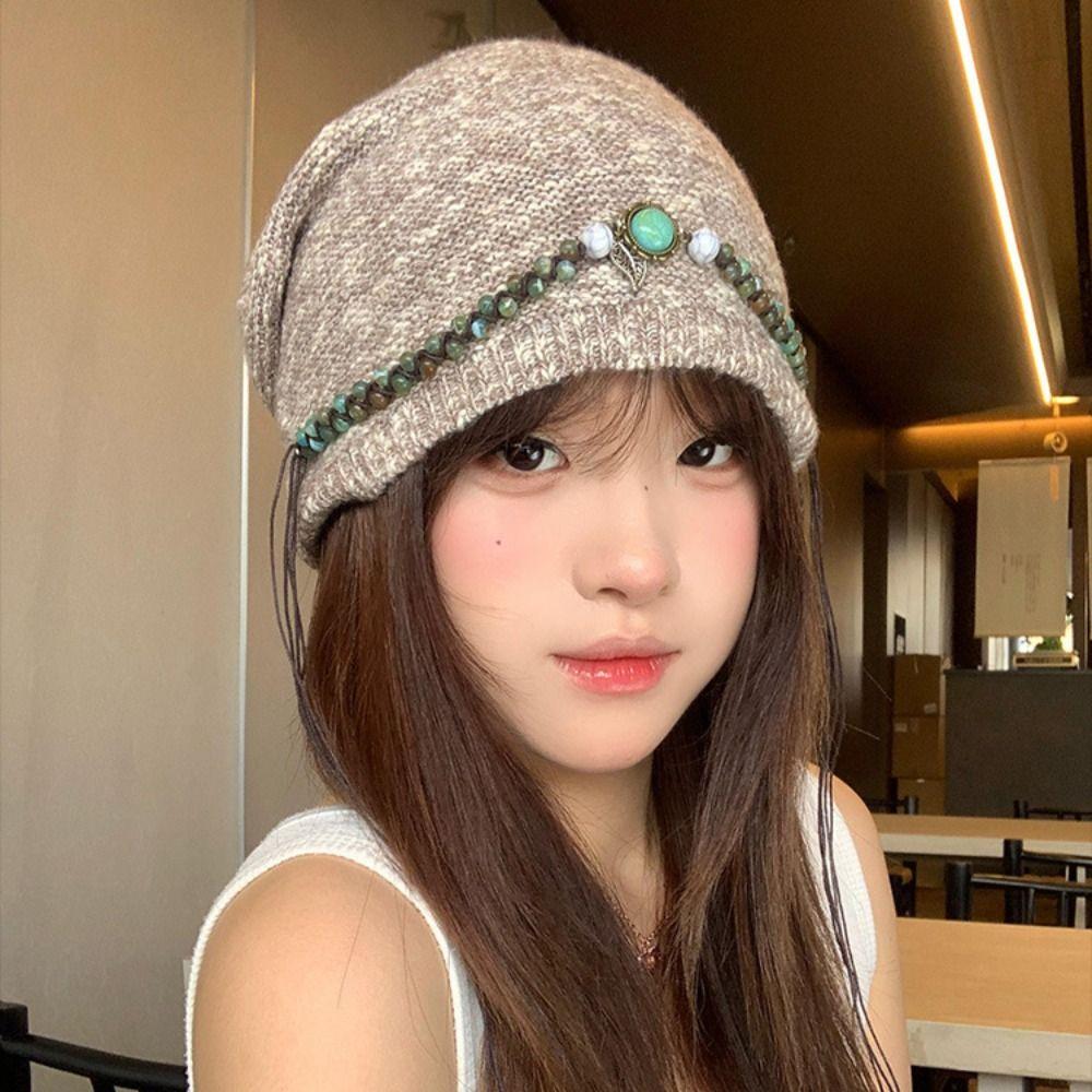 Ethnic Style Knitted Pullover Hat Coldproof Beaded Fringed Cap Fashion Jacquard Woolen Hat  Outdoor