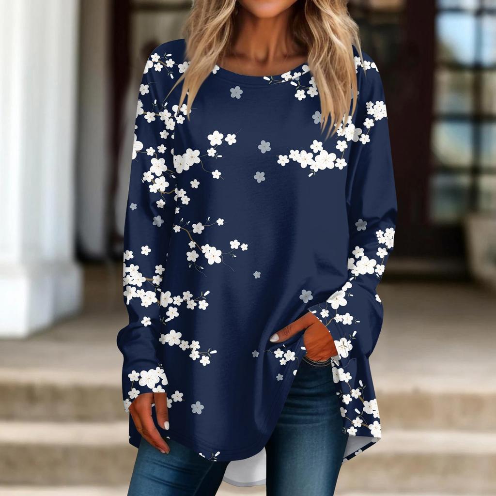 Women's Casual  Plus Size Long Sleeved Round Neck Printed T-shirt Top Pullover