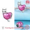 Anniversary Charms Copper Pink Cat Love Heart Beads Fit Original Bracelets Beads Charms Jewelry Making Fine Jewelry Gift