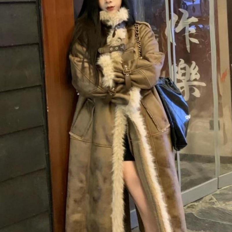 Пальто из овечьей шерсти с мехом, женское, 2024, новое зимнее, утолщенное, плюшевое, длинное, экологически чистое меховое пальто