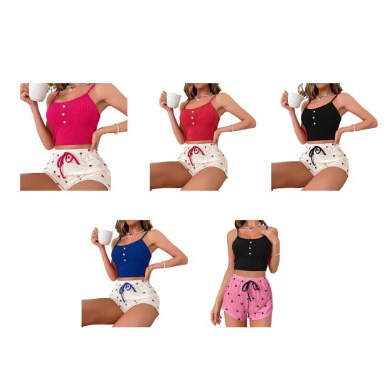 Women's Cami Pajama Set Summer Sleeveless Crop Top And Heart Print Shorts Sleepewear 2 Piece Ribbed Knit Pjs Lounge Set
