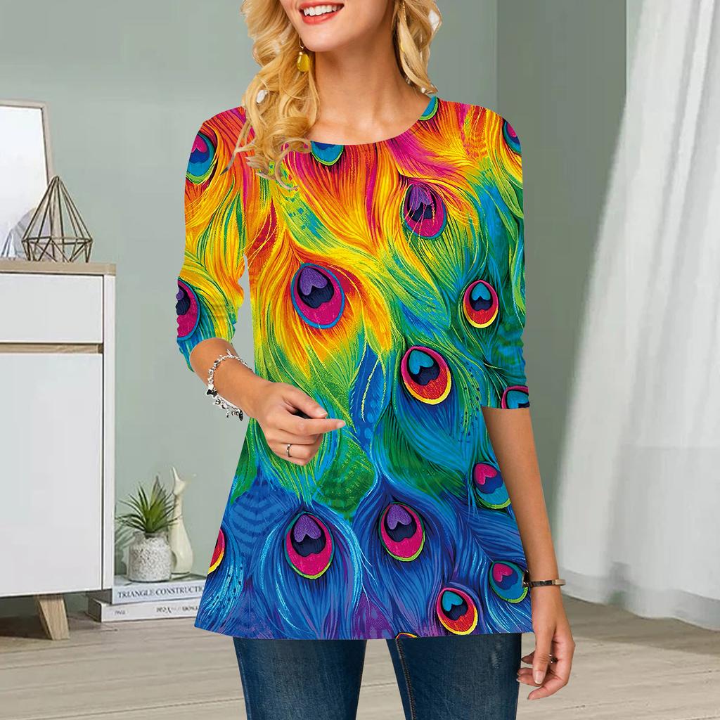 Plus Size Women Flower Peacock Feathers Print Round Neck Casual Loose Long Sleeve Top