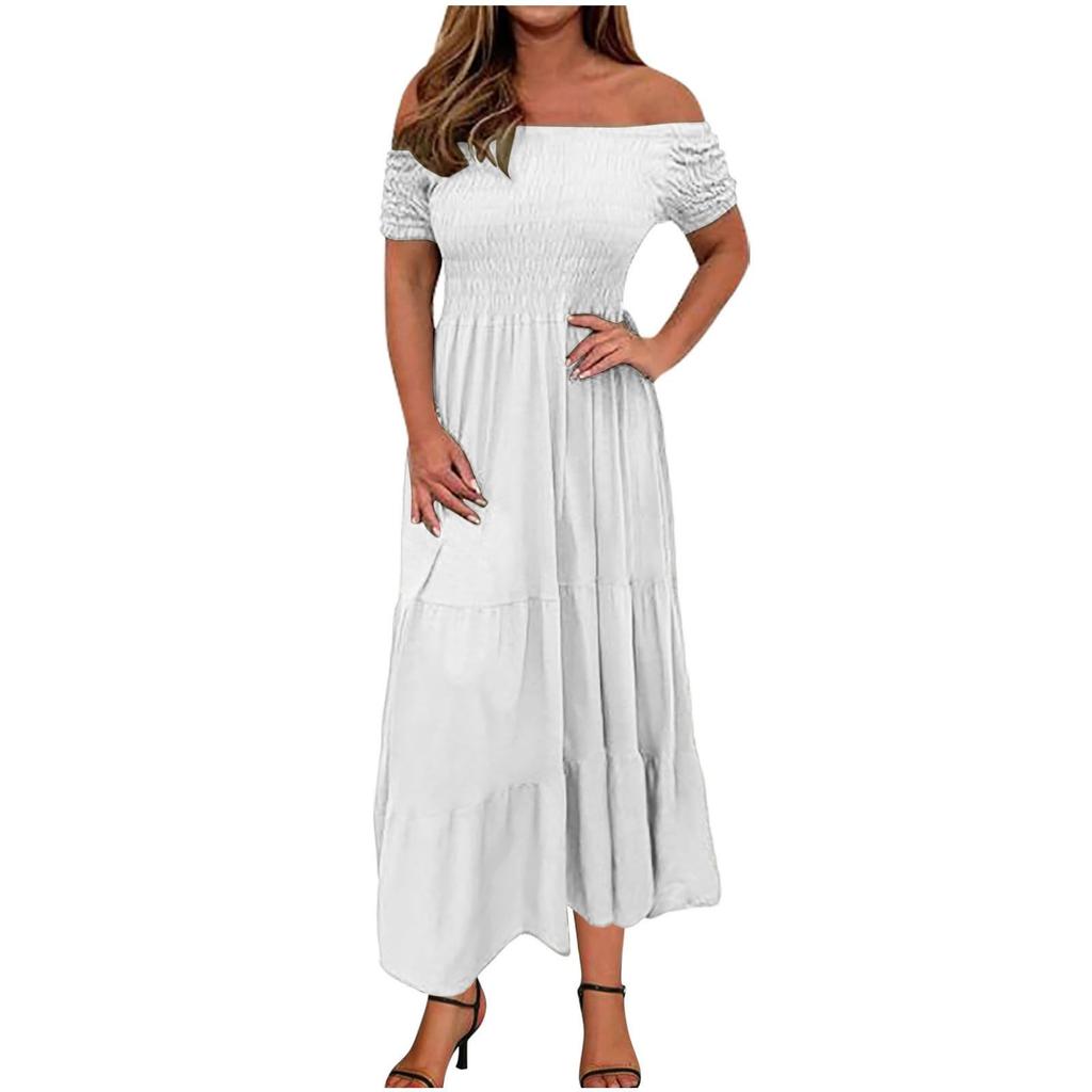 Women's Fashionable Solid Color Pleated Layered Short Sleeved Large Hem Dress