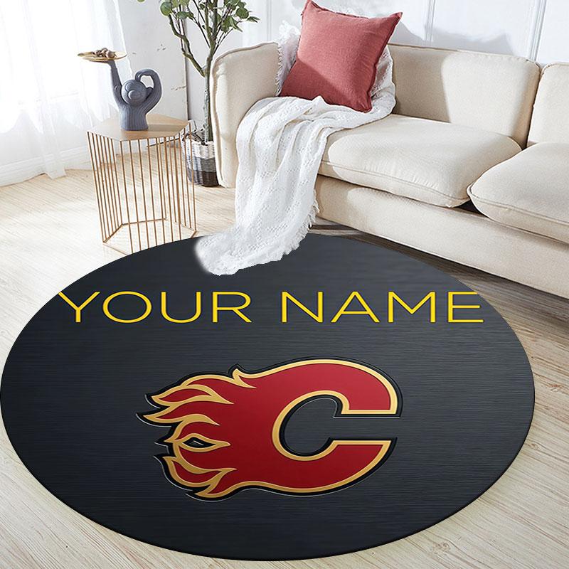 Custom Name,Calgary Flames pattern round rug,Carpet Rug for Living Room Bedroom Playroom ,Non-slip Floor Mat,Holiday Gifts and Birthday Gifts.