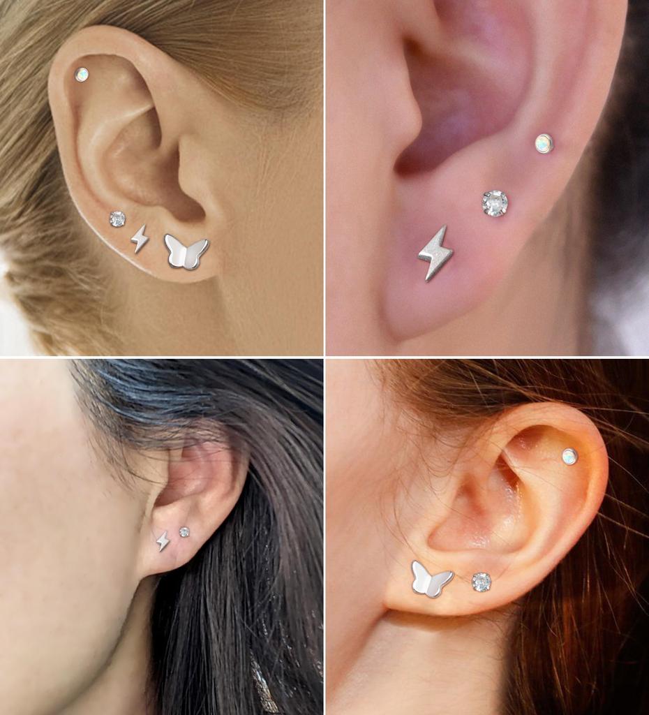 4 Pairs CZ & Opal Flat Back Earrings for Women & Men, Hypoallergenic Earrings for Sensitive Ears, Screw Back Cartilage Earrings