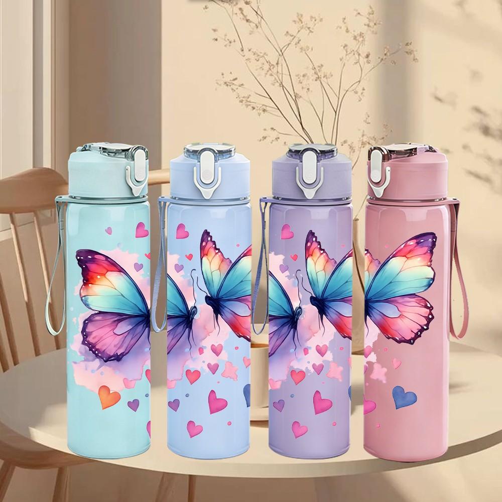 1PC Colorful Butterfly Wing Art Print 750ml Color Plastic Sports Water Bottle Leakproof Flip Straw Lid Suitable for Sports Office Home Use