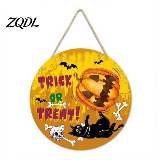 Wall Hanging Props for Halloween Wooden Trick or Treat Door Hanger, Pumpkin Ghost Bat Spider Web Welcome Classic Signs Sign with Jute Rope, Farmhouse