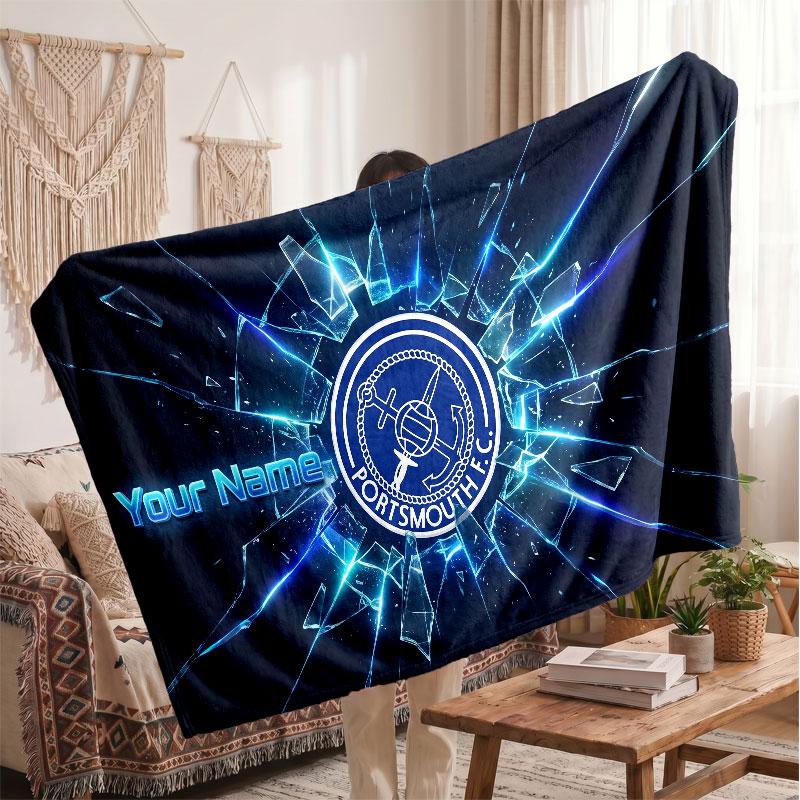Portsmouth FC Personalized Fleece Blanket With Football Logo, Custom Name Text Soft Warm Home Throw Blanket