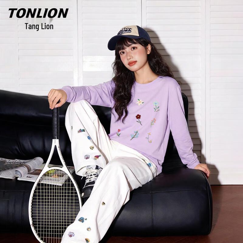 Женская футболка TonLion свободного кроя, из чистого хлопка, с цветочной вышивкой, с длинным рукавом