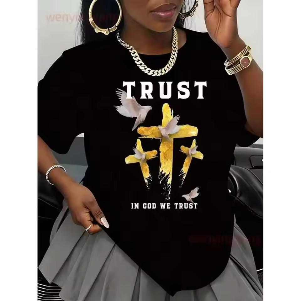 Unisex T-Shirt--Christian Cross Tshirt Trust In God We Trust Doves And Golden Cross Print Religious Faith Statement For Church Worship Events-L91