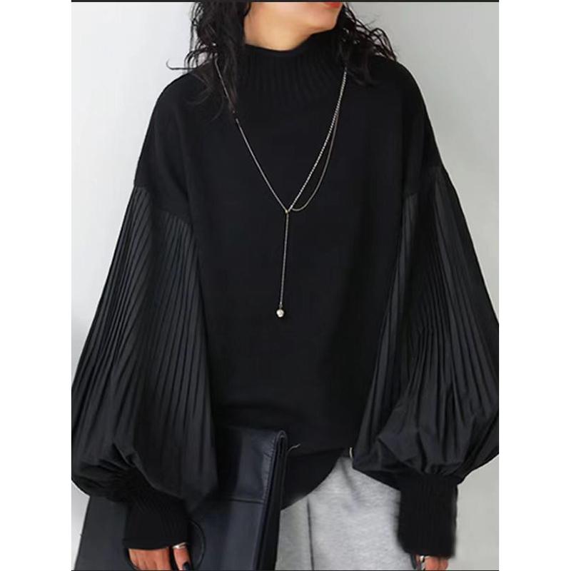 Зимний женский стильный свитер с высоким воротником, пэчворк, повседневный свободный пуловер, рукав «фонарик», женский свитер