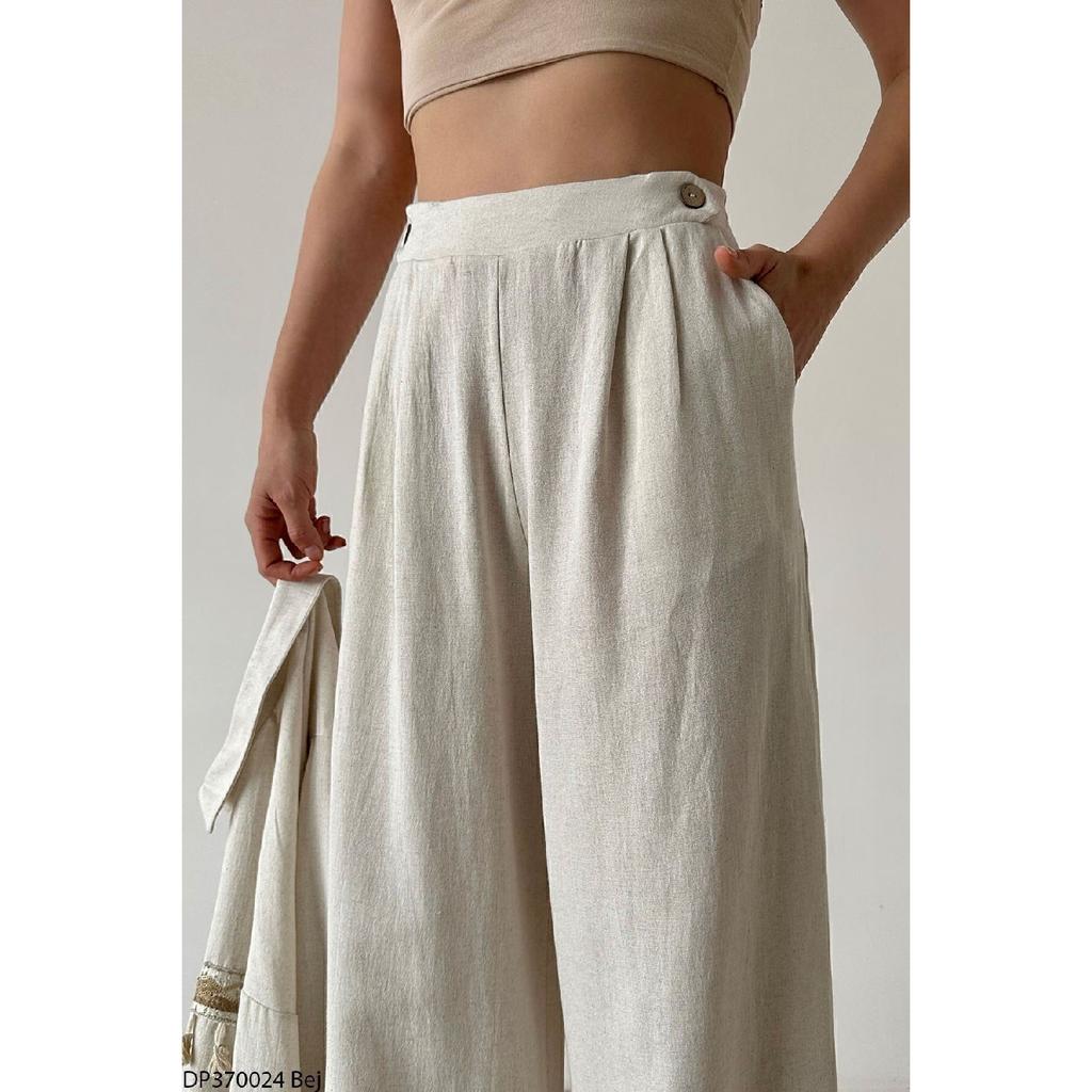 Female Beige Double Button Detailed Waist Tire Linen Palazzo Pants