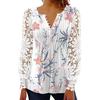 Ladies Summer Shirt V-neck Floral Print Button Lace Stitching Long Sleeve Daily Wear Hollow Out See-through Spring Summer T-shirt Women Clothing