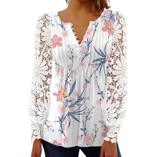 Ladies Summer Shirt V-neck Floral Print Button Lace Stitching Long Sleeve Daily Wear Hollow Out See-through Spring Summer T-shirt Women Clothing