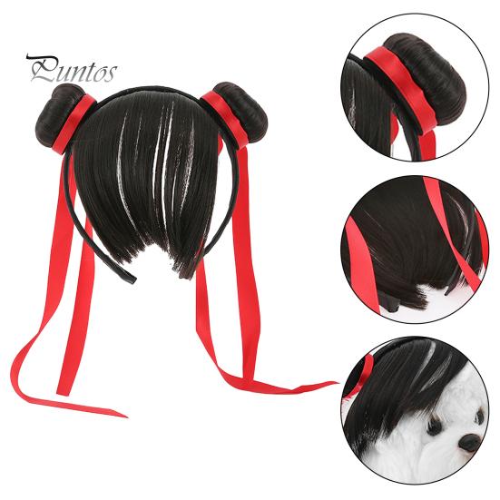 Парик для собаки Обрезаемая повязка на голову Стиль украшения для домашних животных с красной лентой Простота в использовании Забавный забавный моющийся аксессуар для костюма ручной работы для владельцев собак Маленький