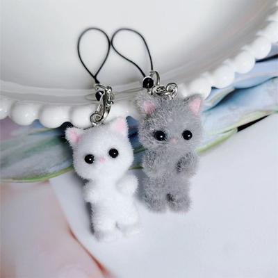 Kawaii Flocking Cat Подвеска для телефона с ремешком на шею Милый бант Котенок Телефонная цепочка Корейский мобильный телефон Брелок для ключей Подарки для девочек